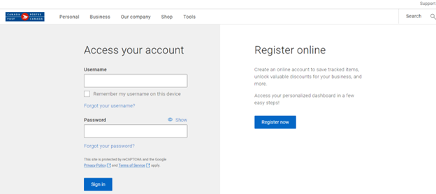 Sign-in or register page on Canada Post’s website.