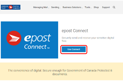 Canada Post’s epost Connect portal with "Use connect" button.