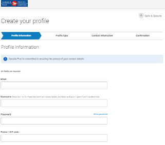 "Create your profile" page on Canada Post website.